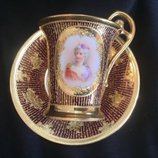 Antique Dresden Hand Painted Portrait & Heavy Gold Encrusted Tea Cup & Saucer