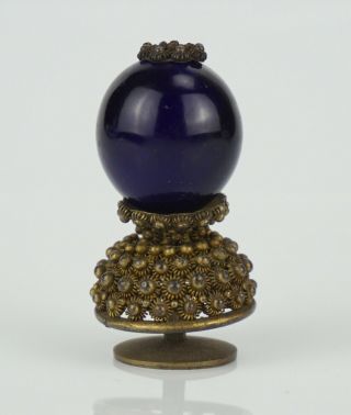 Antique Chinese Bronze Sapphire Crystal Glass Mandarin Hat Finial Button Qing