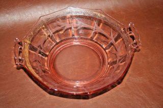 Vintage Art Deco 10 " Pink Depression Glass Etched Double Handled Bowl