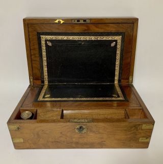 Antique Victorian Walnut Brass Bound Writing Slope Box With Secret Drawers