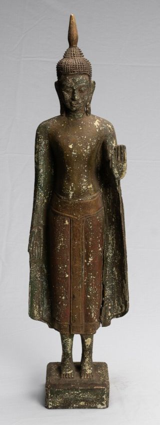Antique Khmer Style Wood Standing Protection Monday Buddha Statue - 65cm/26 "