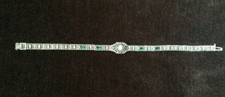Antique Art Deco 10k White Gold Filigree Diamond & Emerald ? Bracelet