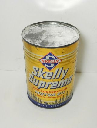 Vintage Full Skelly Supreme Low Consumption Heavy Duty Motor Oil Can 1 Quart