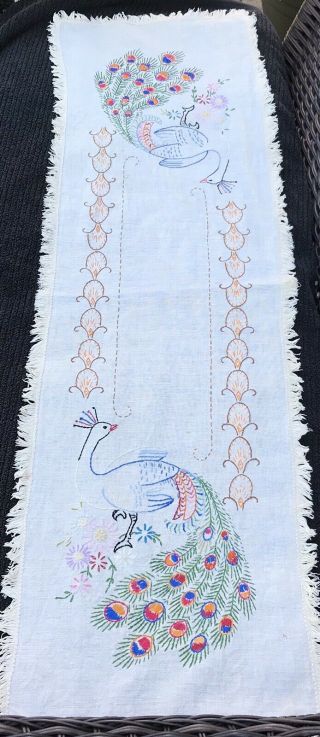 Vintage Hand Embroidered Peacock Table Runner Dresser Scarf Cloth Linen Cotton