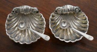 C 1900 Antique English W.  E.  T.  Sterling Silver Shell Salt Cellar Pair With Spoons