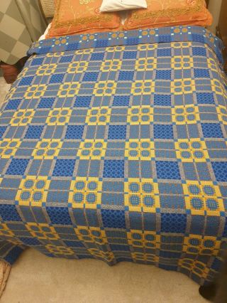 Vintage Welsh Blanket Wool Tapestry Double Bed Size Blue And Yellow Vg