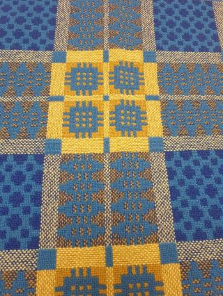 Vintage Welsh Blanket Wool Tapestry Double Bed Size Blue and yellow VG 2