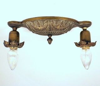 Antique Arts Craft Cast Brass Bronze Flush Mount 2 Light Ceiling Fixture Rewired