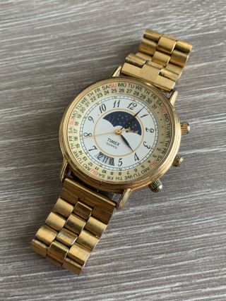Vintage Timex Moon Phase Perpetual Calendar Watch Gold Tone Dress Date Rare 2