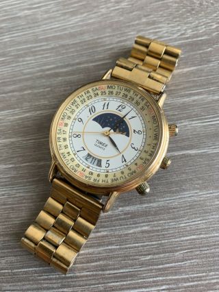 Vintage Timex Moon Phase Perpetual Calendar Watch Gold Tone Dress Date Rare 3