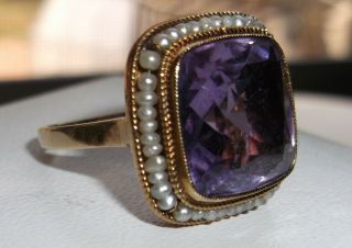 Lovely Vintage Amethyst And Seed Pearl Ring 14k Yellow Gold Sz 5.  5