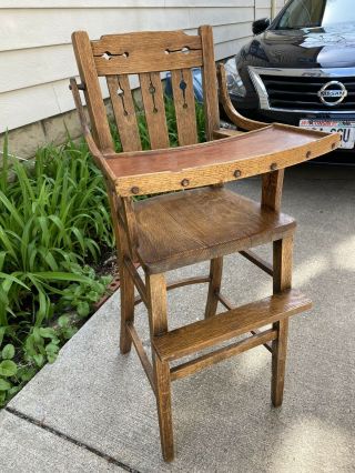 Unusual Arts & Crafts Mission Oak Antique Vintage Wooden Baby Feeding High Chair 2