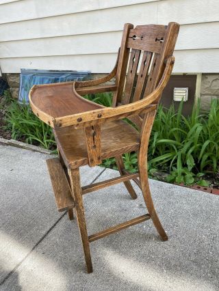 Unusual Arts & Crafts Mission Oak Antique Vintage Wooden Baby Feeding High Chair 6