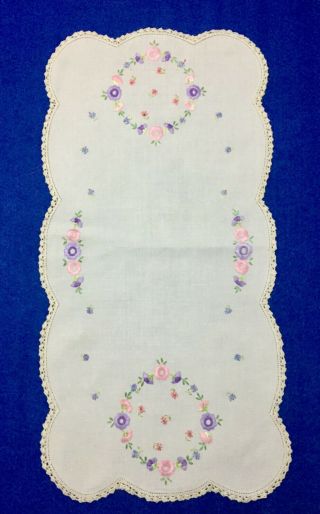 Vintage Hand Embroidered Crocheted Linen Floral Table Centre Piece - 64cm X 32cm