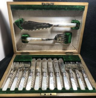 Antique Victorian Silver Plated Fish Cutlery Mother Of Pearl Handles