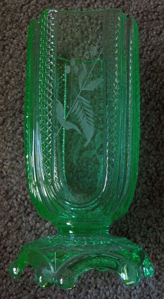 Vintage Iridescent Green Pressed Glass Vase 8 Inches High With Floral Design