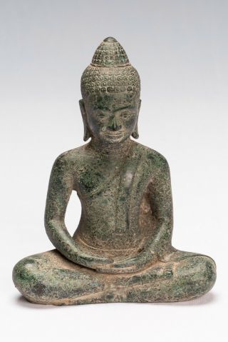 Antique Khmer Style Seated Bronze Meditation Buddha Statue - 18cm/7 "
