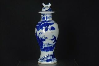 Fine Antique Chinese Hand - Painted Blue And White Lidded Vase - With Mark