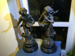 L&f Moreau Spelter Bronze Sculptures.  Gipsy Boy And Girl