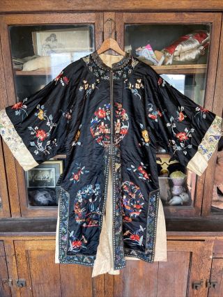Antique 1920s Chinese Silk Robe With Qing Dynasty Counted Stitch Embroidery Vntg