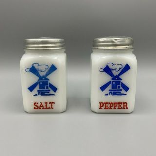 Vintage Tipp City Milk Glass Salt & Pepper Shakers,  Dutch Wind Mill