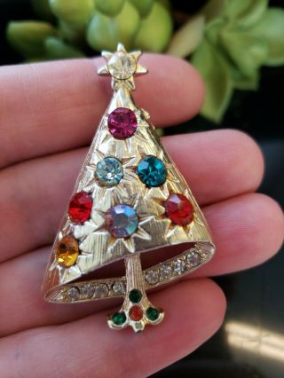 Vintage Gold Tone Rhinestones Christmas Tree Pin Brooch 2 " T