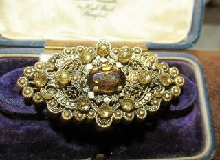 Vintage Art Deco Jewellery Golden Czech Filigree Amber Paste Brooch Shawl Pin