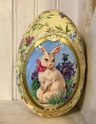 Vintage German Paper Mache Easter Egg Candy Container Rabbit With Flowers Chicks