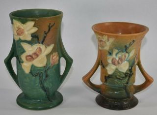 Vintage Roseville Pottery Magnolia Green And Brown Vases 89 - 7 And 88 - 6