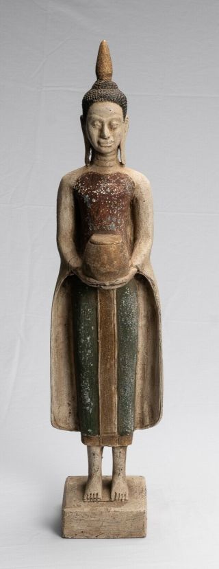 Antique Khmer Style Wood Standing Charity & Compassion Buddha Statue - 64cm/26 "