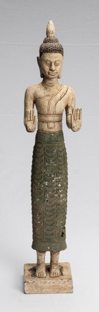 Antique Khmer Style Wood Standing Protection Monday Buddha Statue - 62cm/25 "