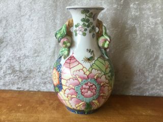 Antique Chinese Porcelain Bird & Pomegranate Tobacco Leaf Handle Vase 9 "