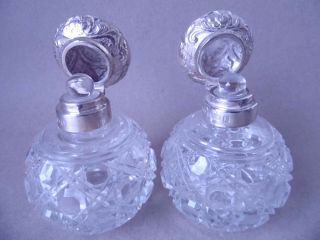 Gorgeous Pair Sterling Silver Cut Glass Scent Perfume Bottles