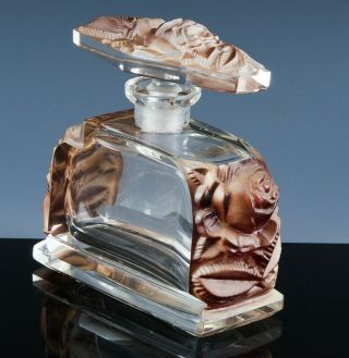 Fabulous Antique Art Deco Czech Glass Pink Cabbage Roses Perfume Scent Bottle
