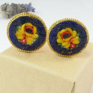 Vintage Sweet Micro Mosaic Clip On Earrings Gold Tone Dark Blue Yellow Flower