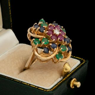 Antique Vintage Deco Retro 14k Gold Ruby Emerald Sapphire Diamond Band Ring Sz 5
