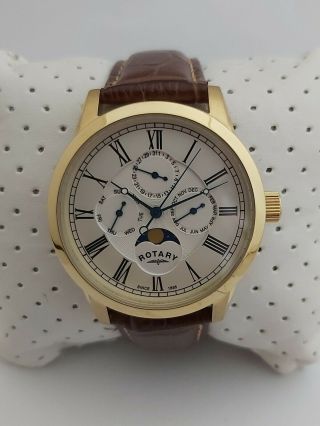 Rotary Mens Watch Gs00447/01 Moonphase Gold Stainless Steel Leather