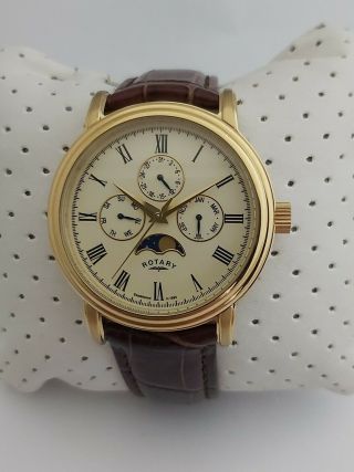 Rotary Mens Watch Gs00124/03 Moonphase Gold Stainless Steel Leather
