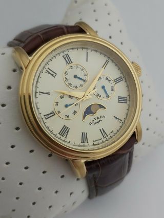 ROTARY MENS WATCH GS00124/03 MOONPHASE GOLD STAINLESS STEEL LEATHER 2