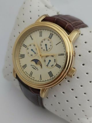 ROTARY MENS WATCH GS00124/03 MOONPHASE GOLD STAINLESS STEEL LEATHER 3