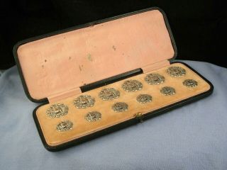 Antique Art Nouveau Victorian Sterling Silver Button Set Display Box Cufflinks