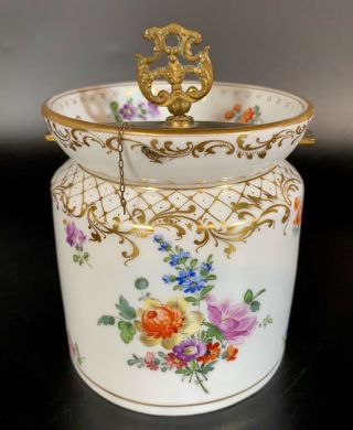 Antique Ambrosius Lamm Dresden Porcelain Tobacco Jar Humidor Handpainted,  Brass