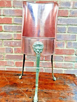 Antique Copper And Brass Green Man Head Jardiniere,  Arts And Crafts Plant Stand,