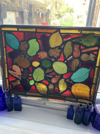 Antique Arts & Crafts Stained Glass & Lead Window Panel Painted Leaves Foliage