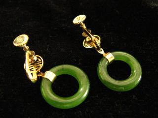 A Vintage Antique Chinese 14k Gold And Green Jade Earrings