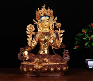 12 " Tibet Tibetan Buddhism Copper Gilt Hand Painting Green Tara Buddha Statue
