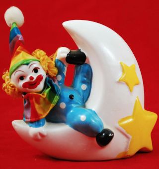 Vintage Ceramic Clown On Moon Piggy Bank With Plug - Artistic Gifts Inc