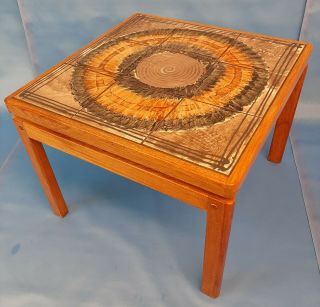 Mid Century Danish Modern Teak End Table With Abstract Tile Top.  Signed