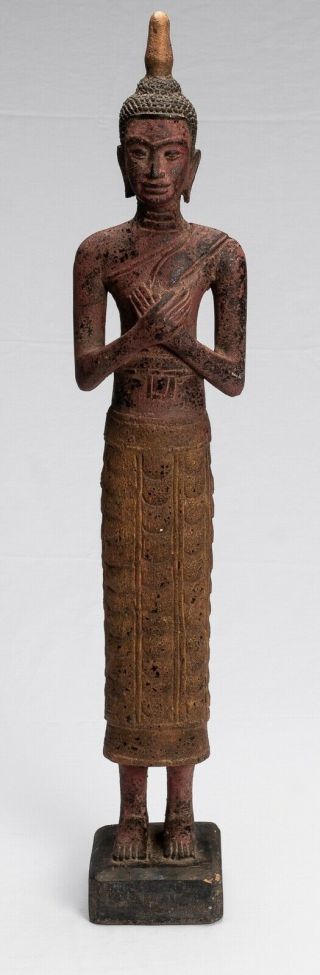 Antique Khmer Style Wood Standing Contemplation Friday Buddha Statue - 64cm/26 "