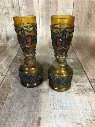 Vintage Stain Glass Oil Lamp Sail Boat Brand 5 " Set Of 2